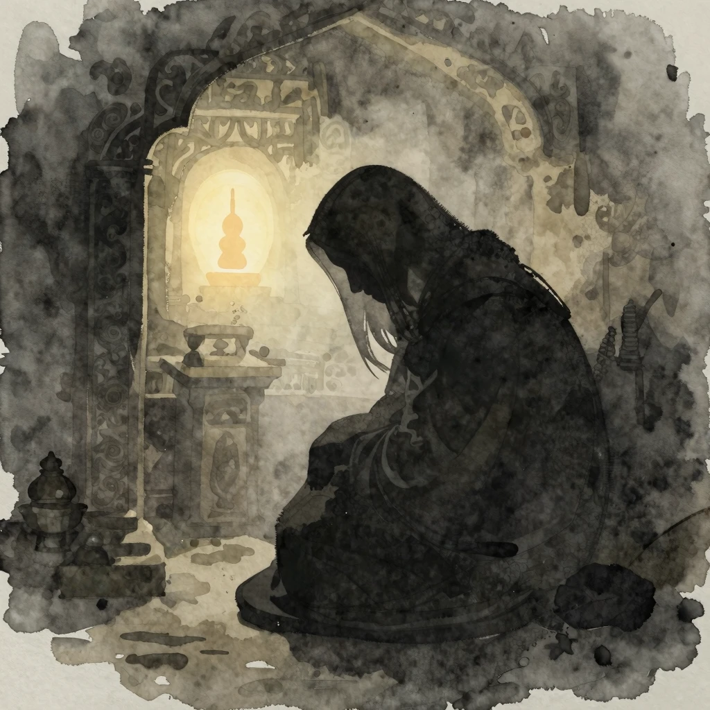 A somber, atmospheric watercolor illustration. A silhouette ...