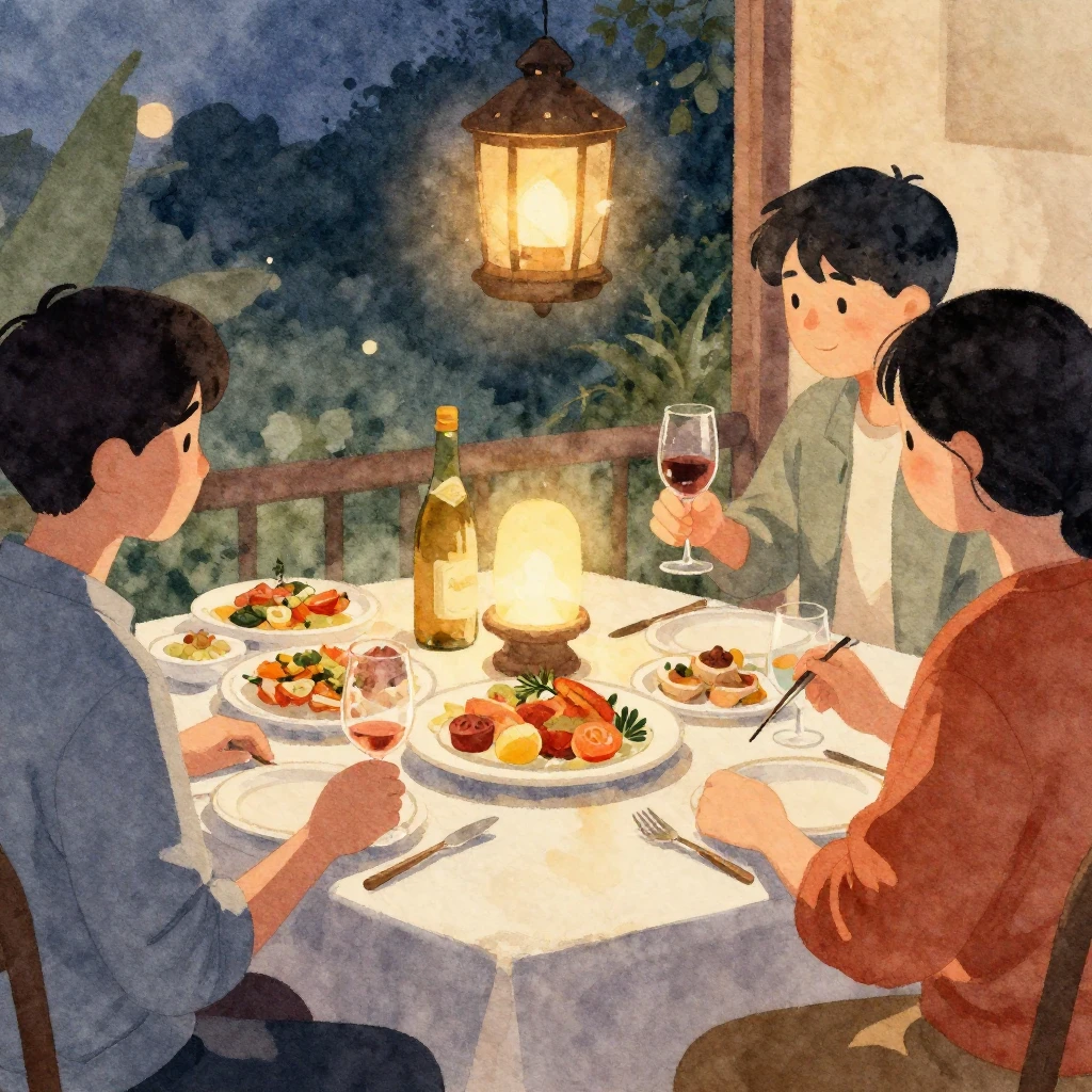 A warm watercolor illustration of an intimate dinner setting...