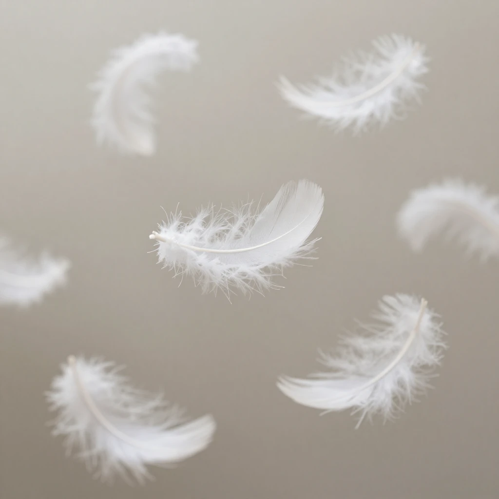 Delicate white angel feathers gently falling through the air...
