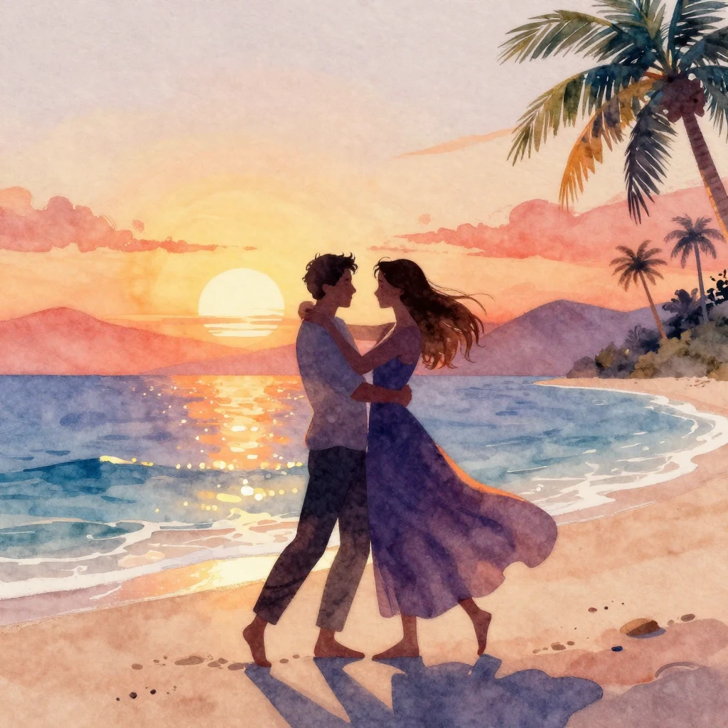 A watercolor illustration of a romantic silhouette of a coup...