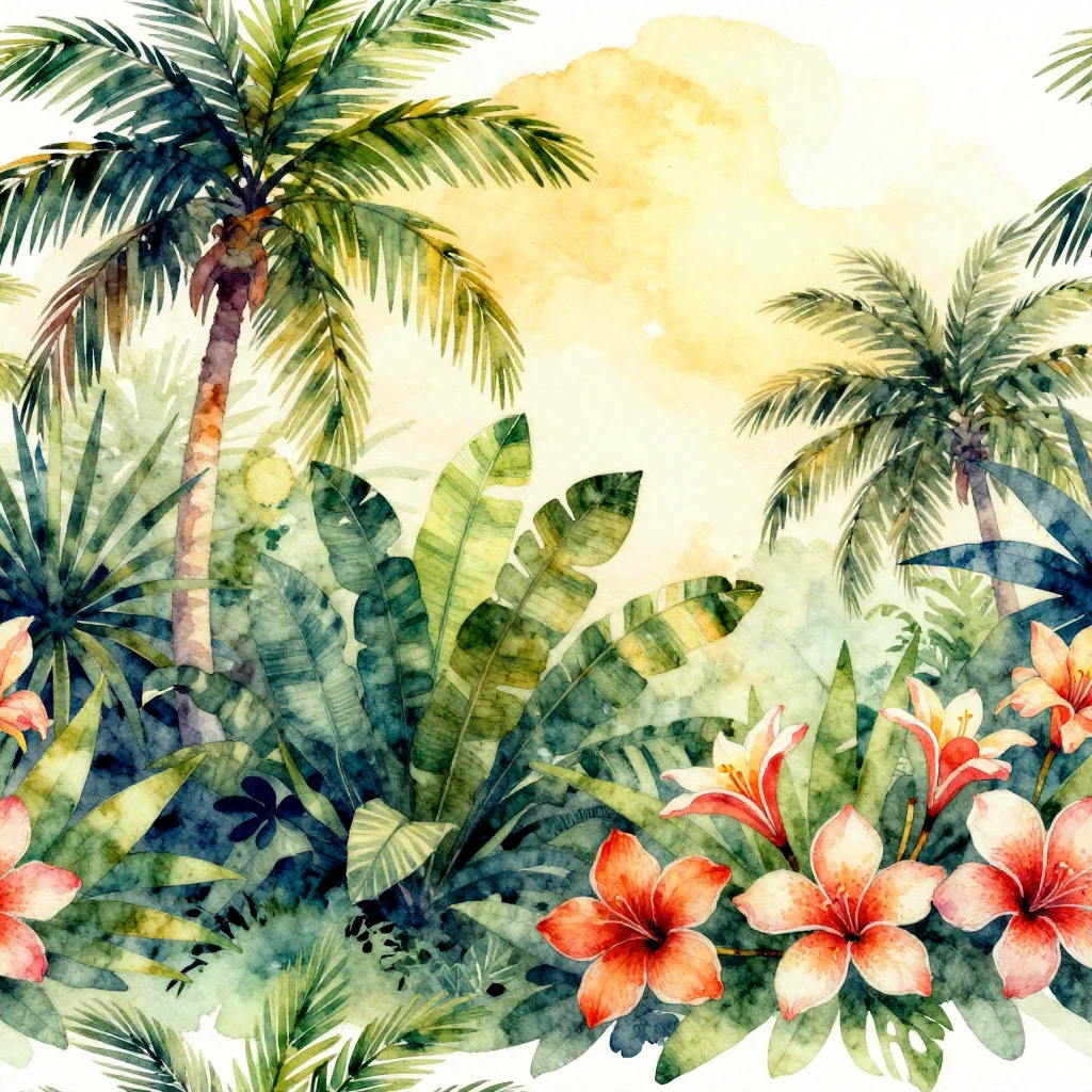 A vibrant watercolor illustration focusing on tropical eleme...