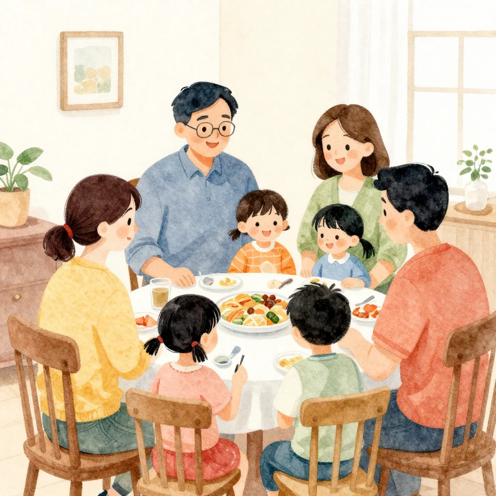 A watercolor illustration of a family gathered together in a...