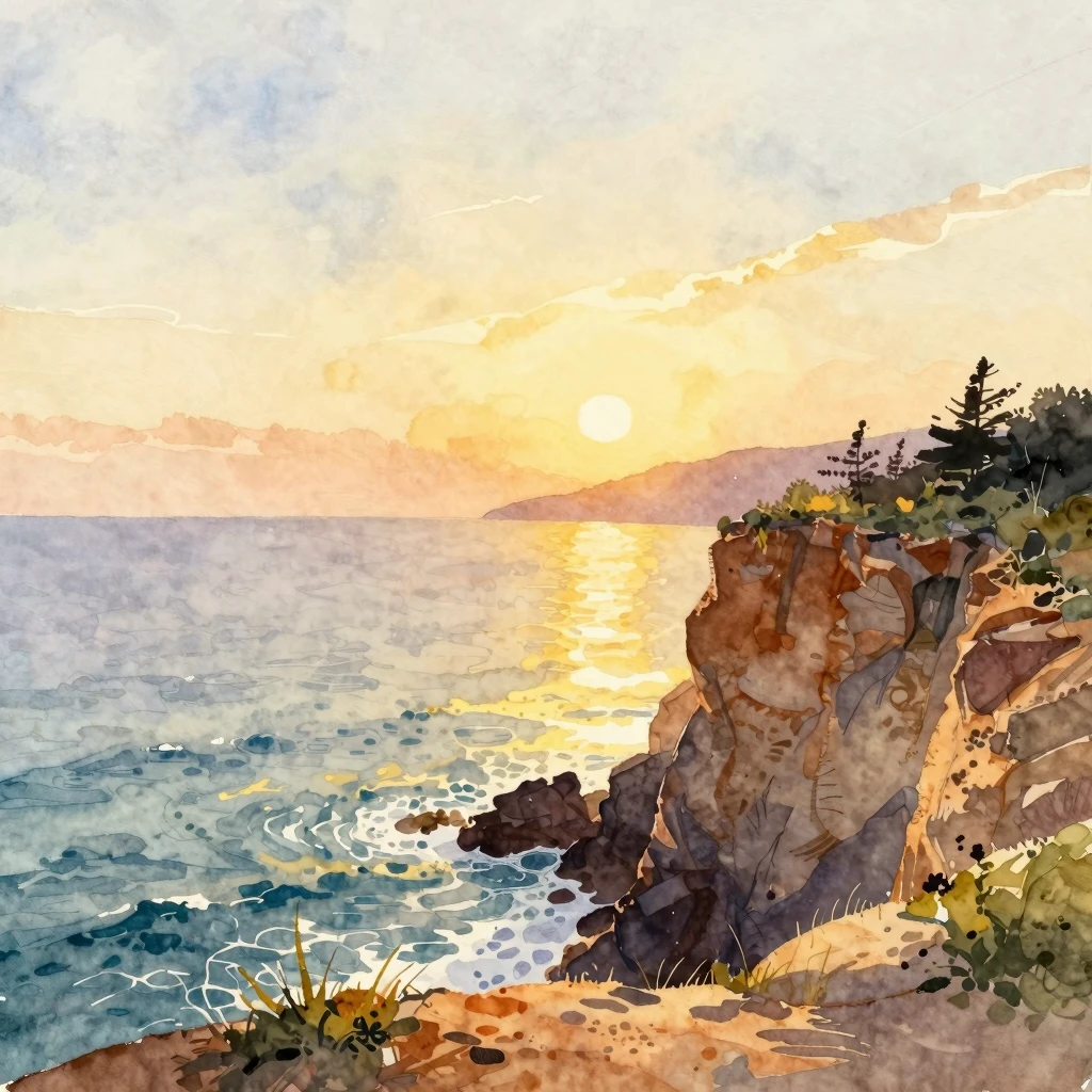 Watercolor painting of ocean view from a cliff at golden hou...