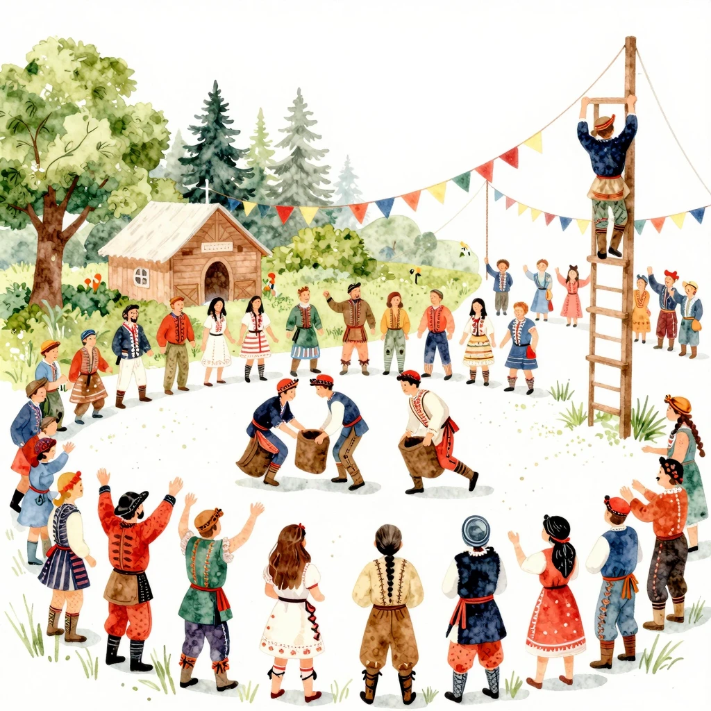 A vibrant watercolor illustration of a traditional Sabantuy ...