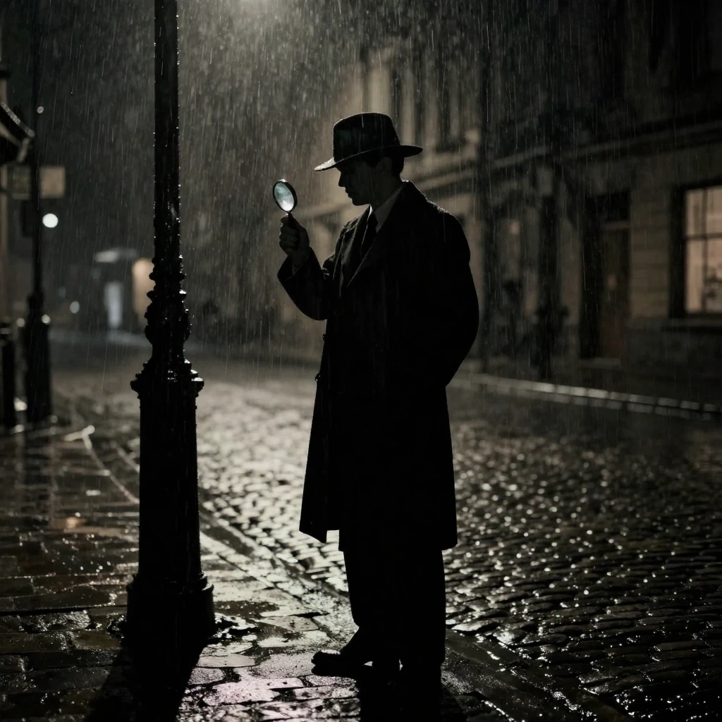 A silhouette of a detective in a long coat standing under a ...