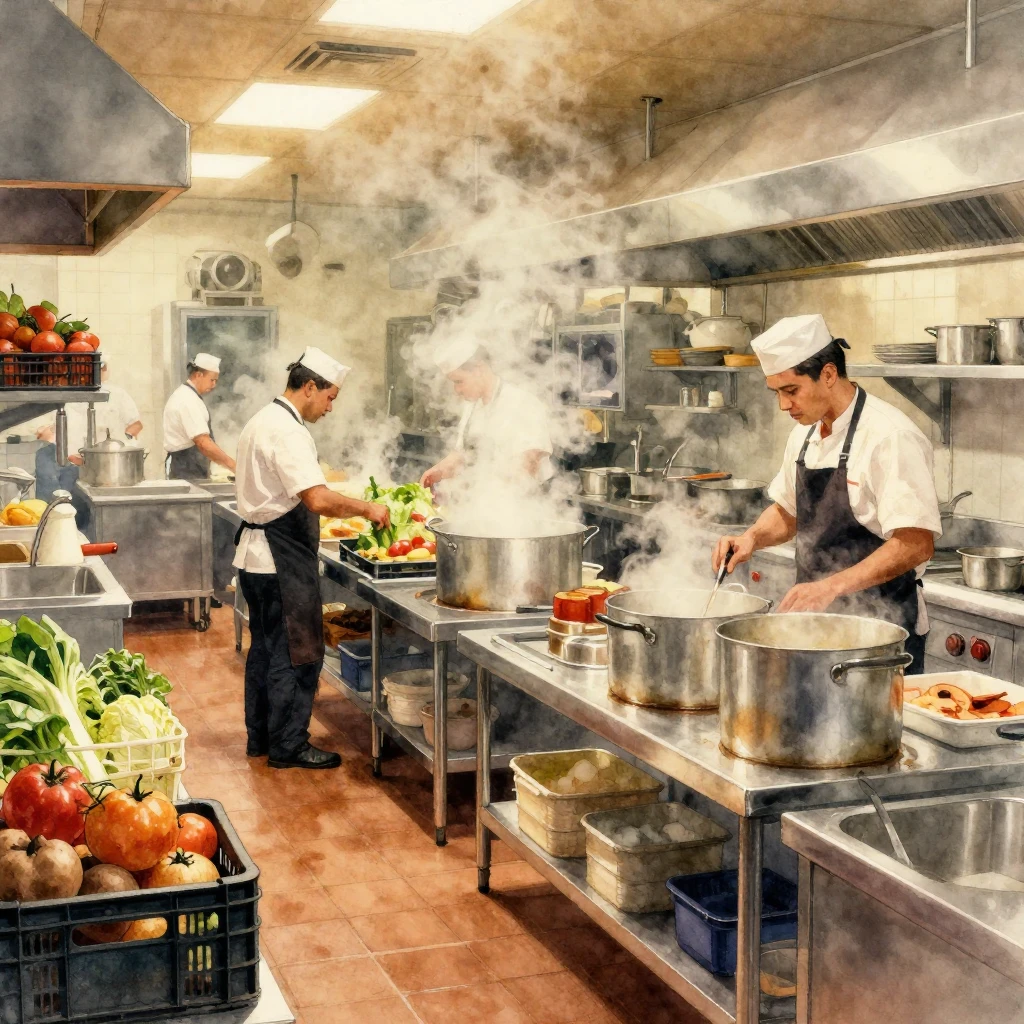 A vast, busy industrial kitchen with stainless steel counter...