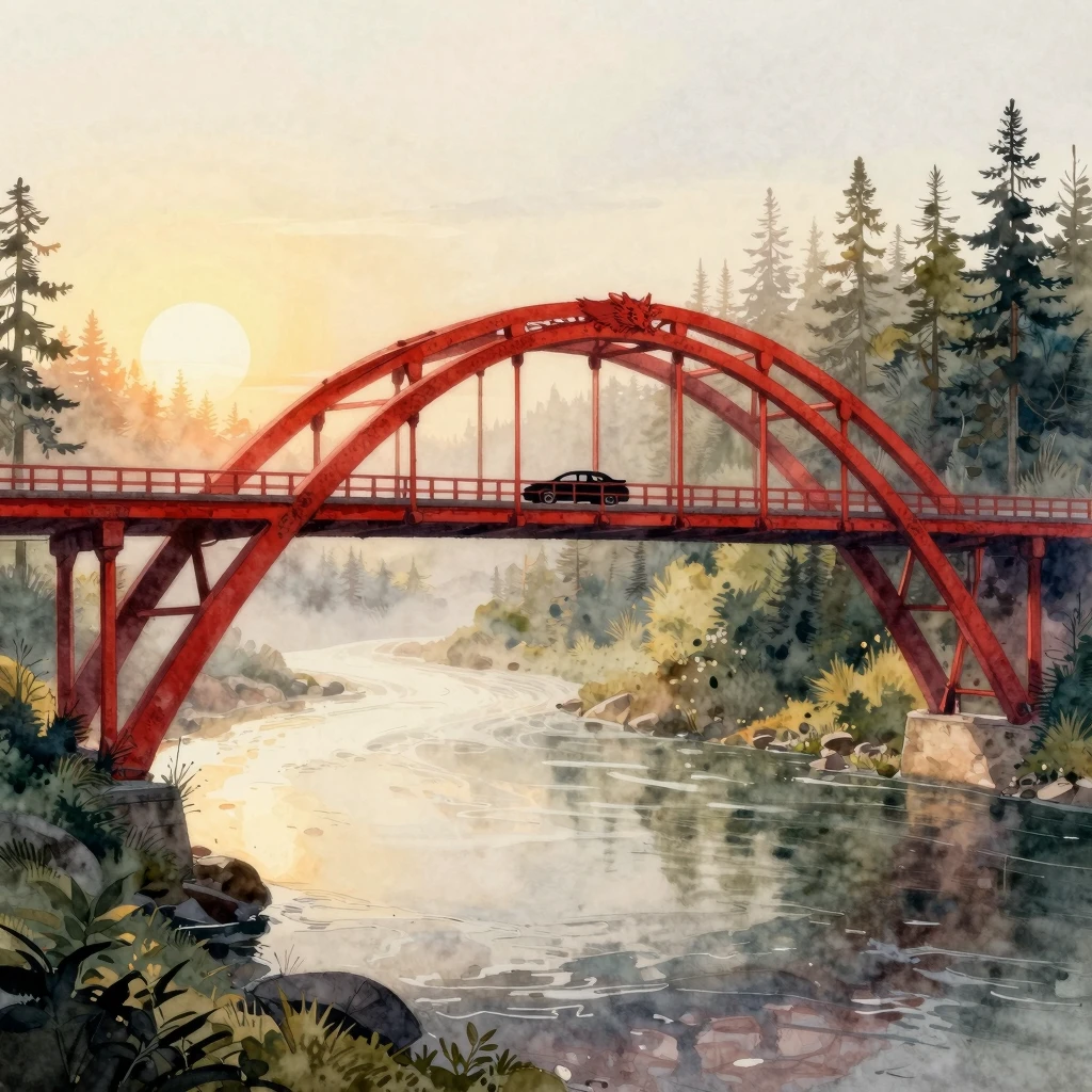 Watercolor painting of a majestic red steel bridge resemblin...