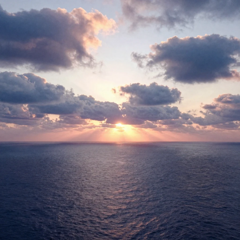 A vast ocean scene at dawn, with a faint light of the rising...