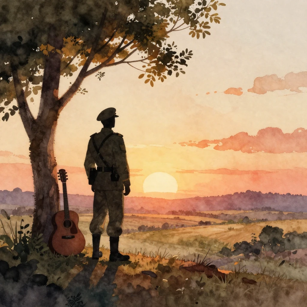 Watercolor style. A lonely silhouette of a commander standin...
