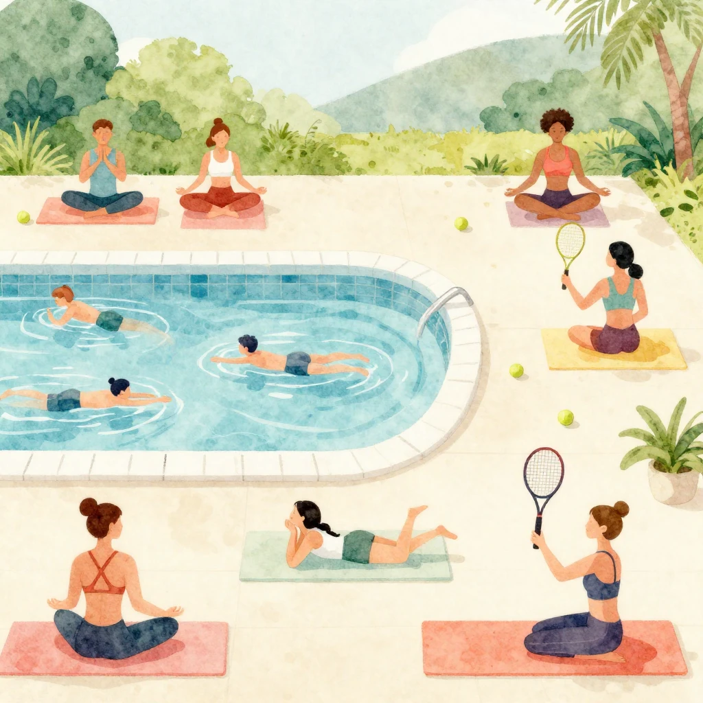 A vibrant watercolor painting showing people enjoying variou...