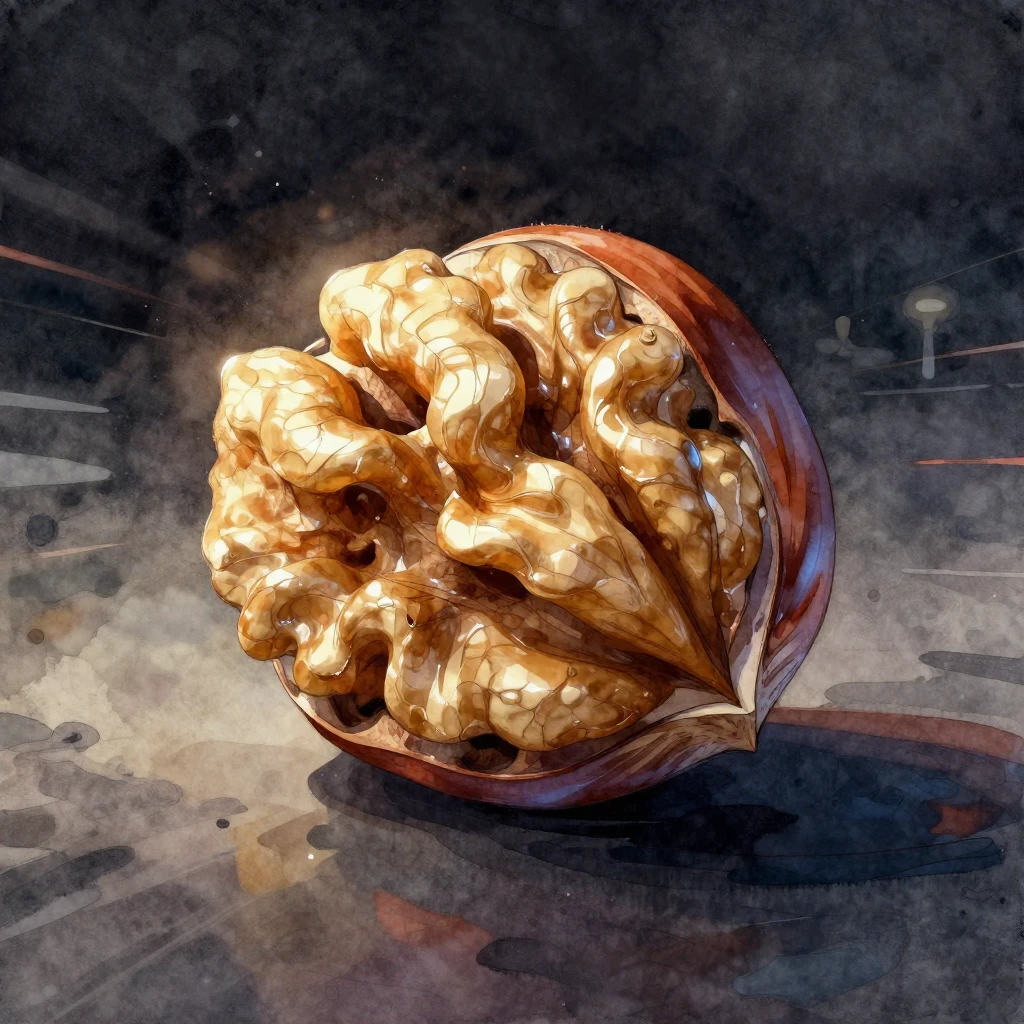 A stylized, powerful hazelnut or walnut with a metallic shee...