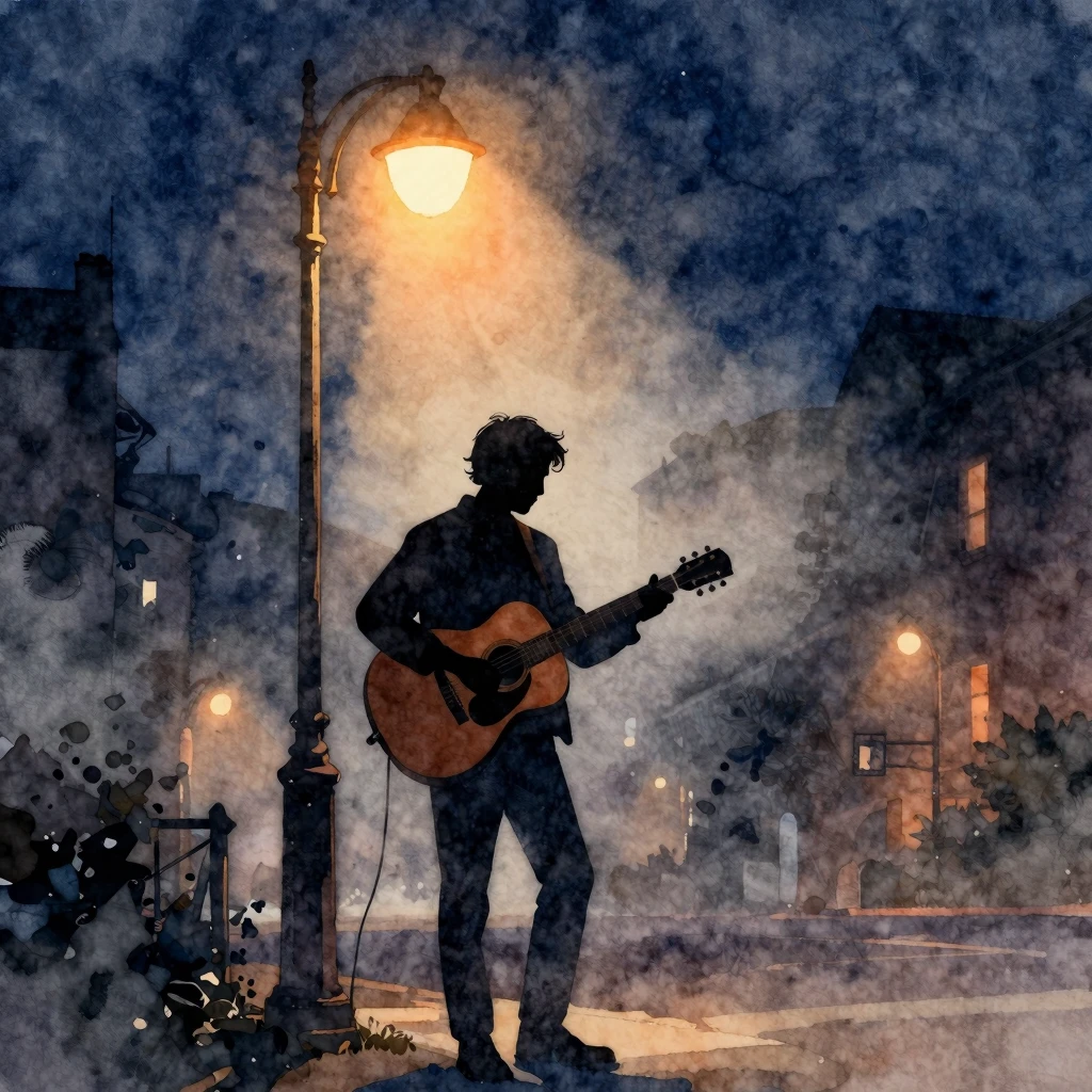 Watercolor style. A silhouette of a man playing an acoustic ...