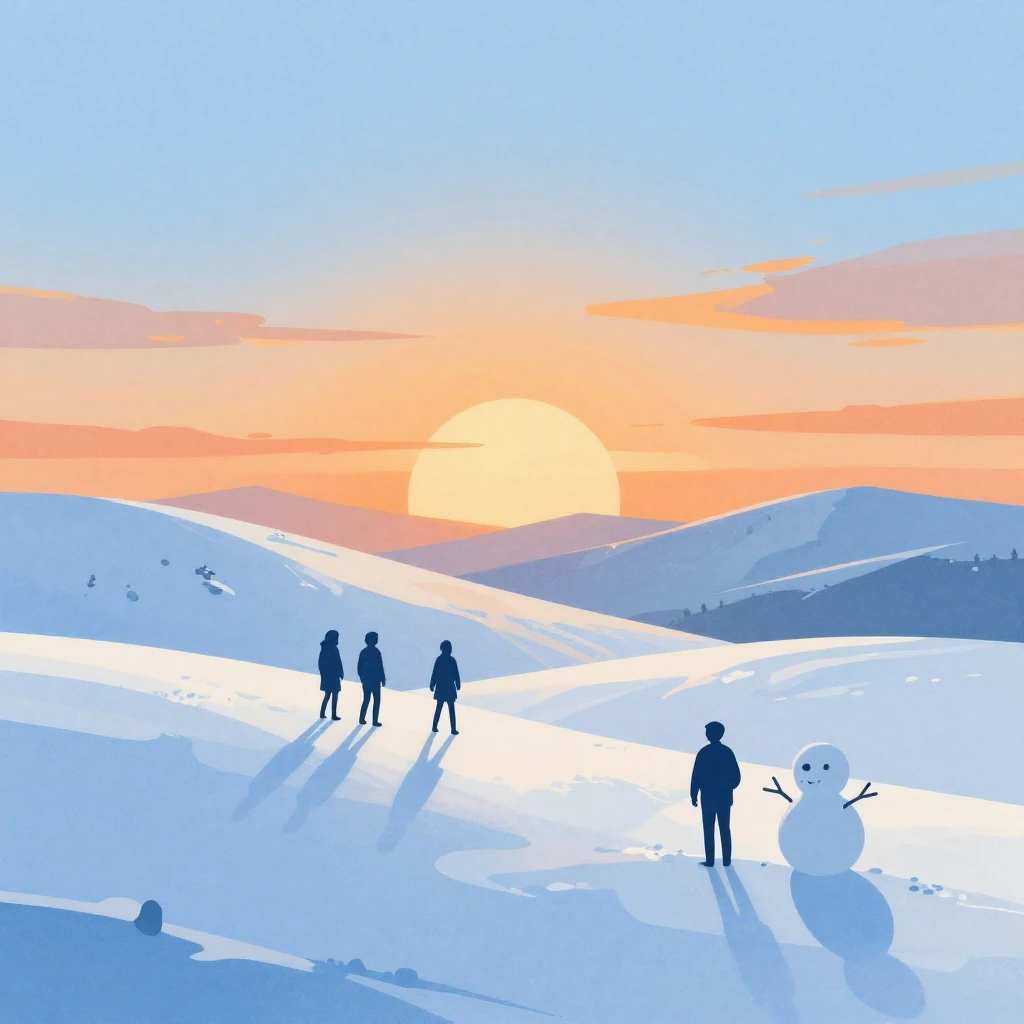 A watercolor and minimalist vector art of a serene snowy hil...