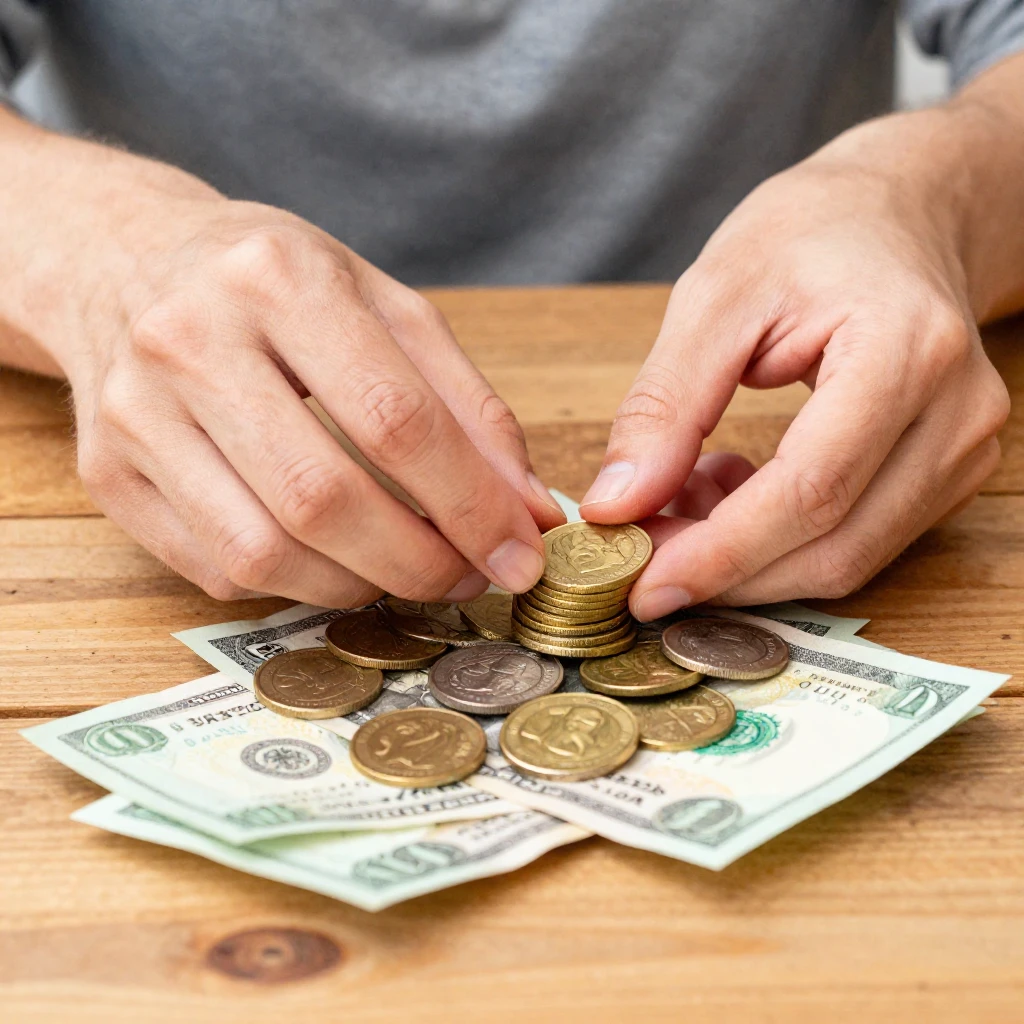 A person's hands carefully sorting and stacking a pile of go...