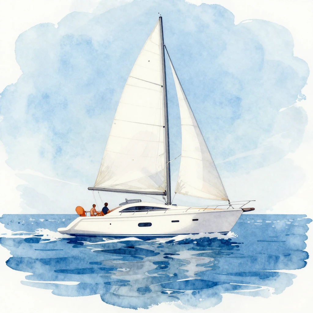 A vibrant watercolor painting of a white yacht sailing on ca...