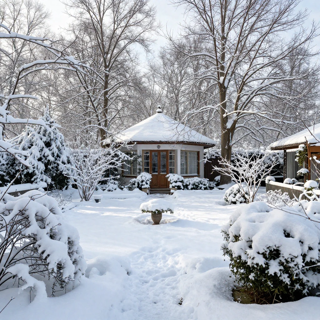 A peaceful dacha garden covered in fresh, glistening snow. B...
