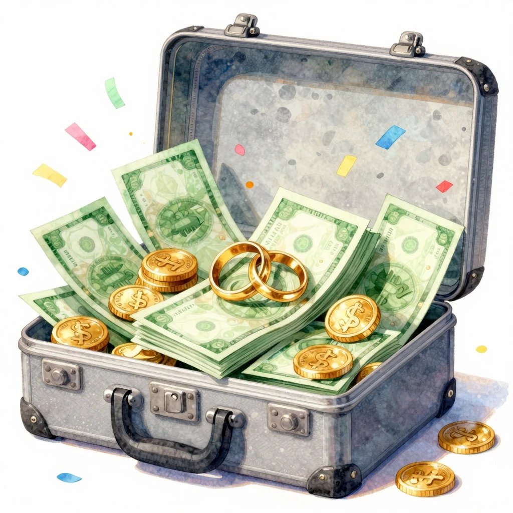 Watercolor style illustration of an open metal suitcase over...