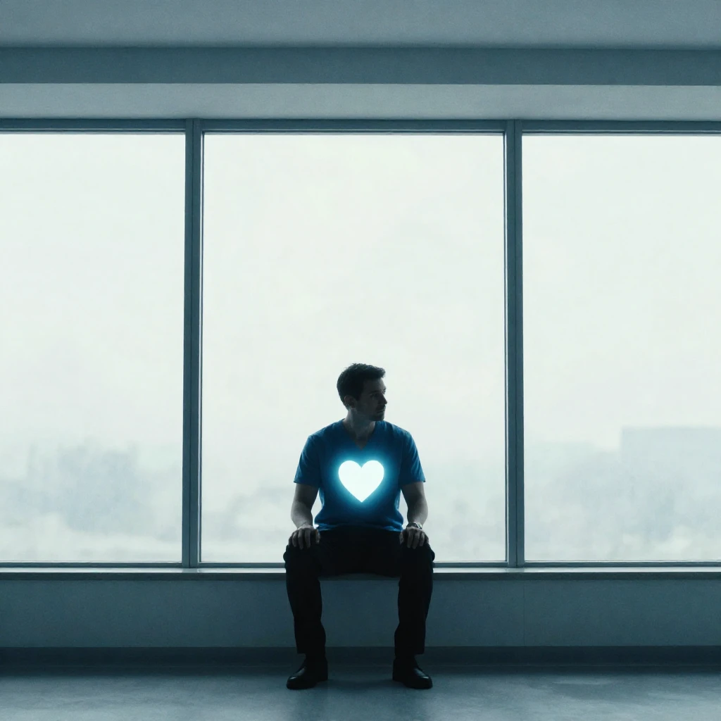 A silhouette of a man sitting by a large window in a modern ...