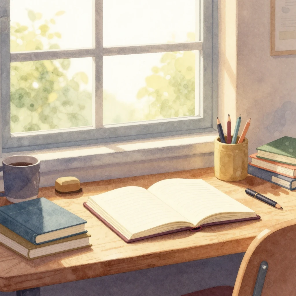 Watercolor style illustration of a cozy study desk by a sunn...