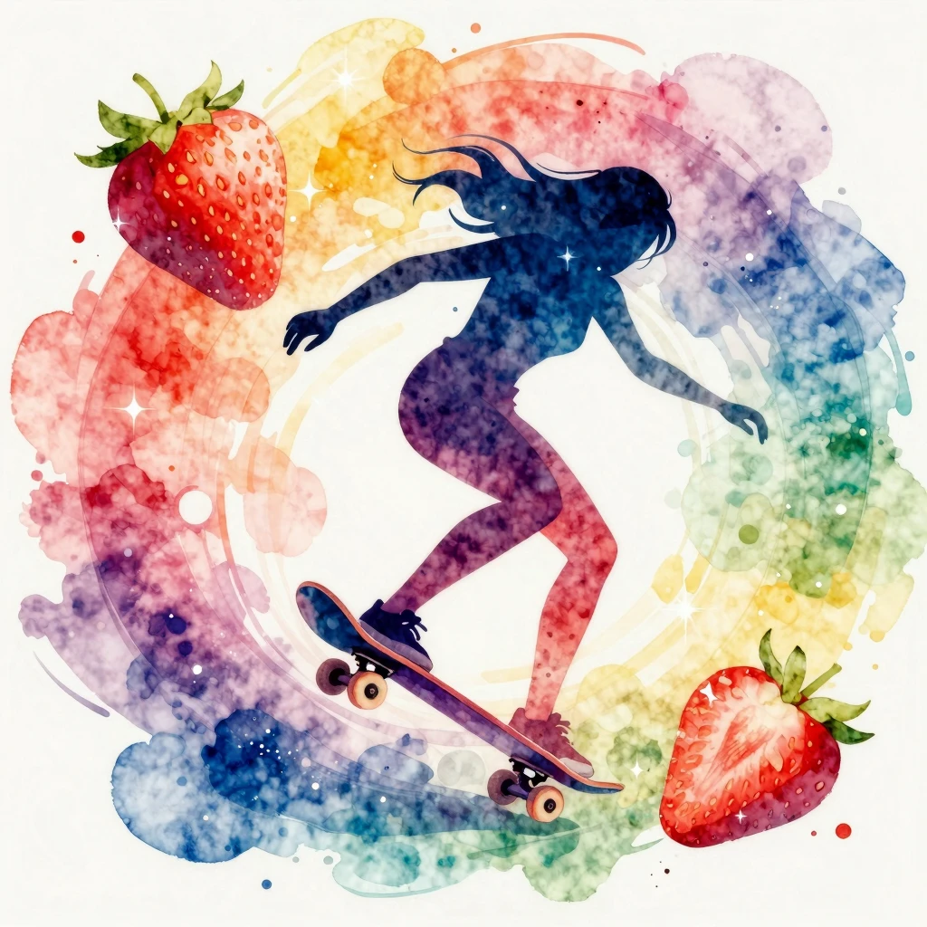 Vibrant watercolor style. Dynamic silhouette of a woman on a...
