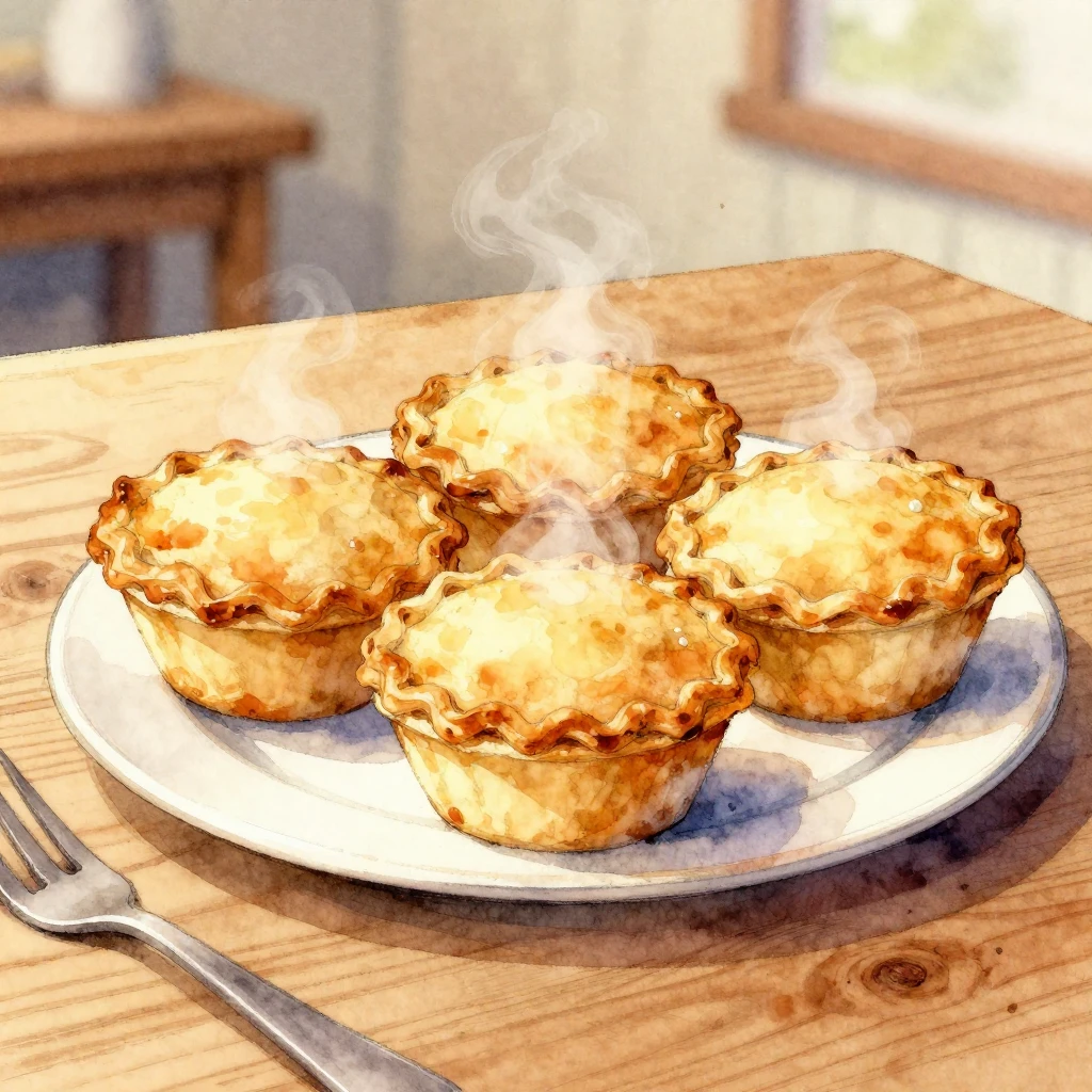 A watercolor painting of a plate of steaming hot pies on a w...