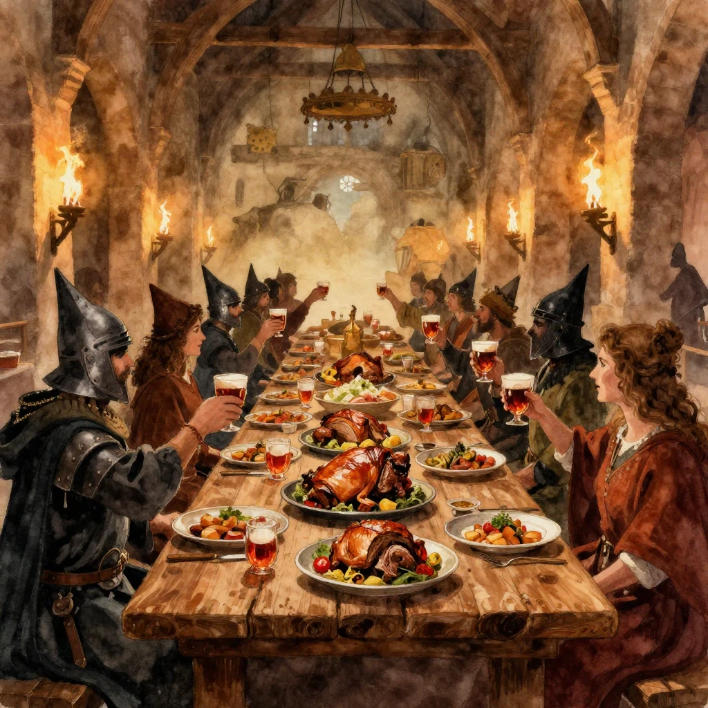 A grand medieval feast hall, long wooden tables filled with ...