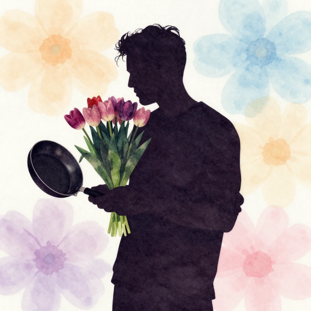 A silhouette of a man awkwardly holding a bouquet of tulips ...