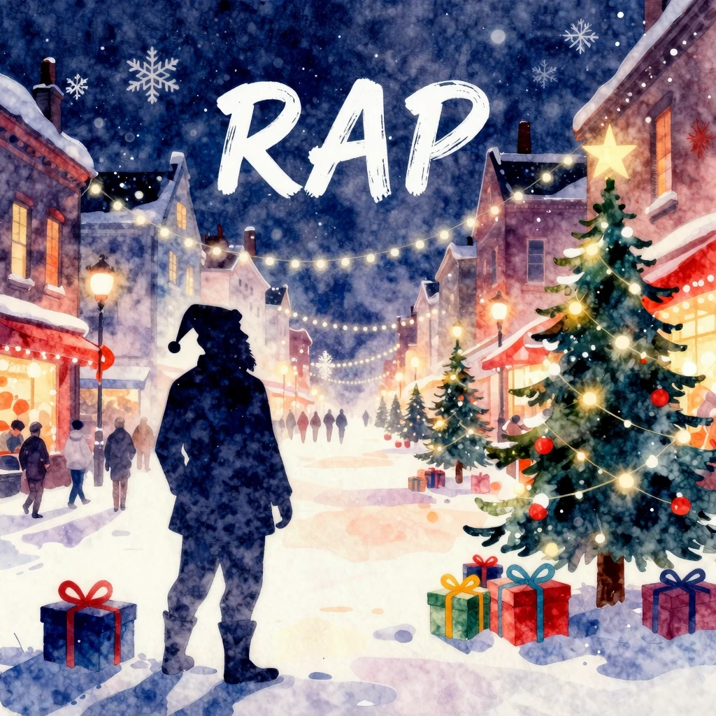 Vibrant watercolor style. Festive rap album cover, snowy cit...