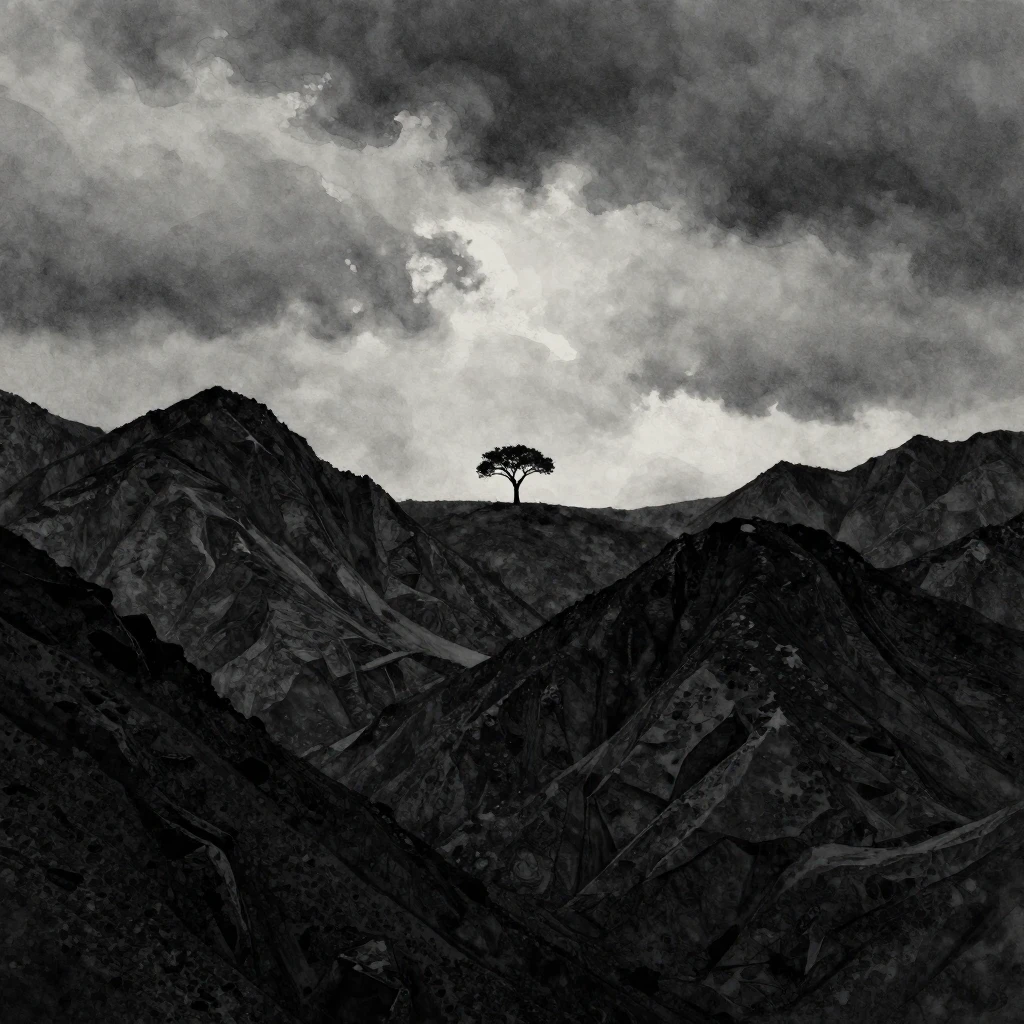 A vast, desolate landscape with jagged mountains under a hea...