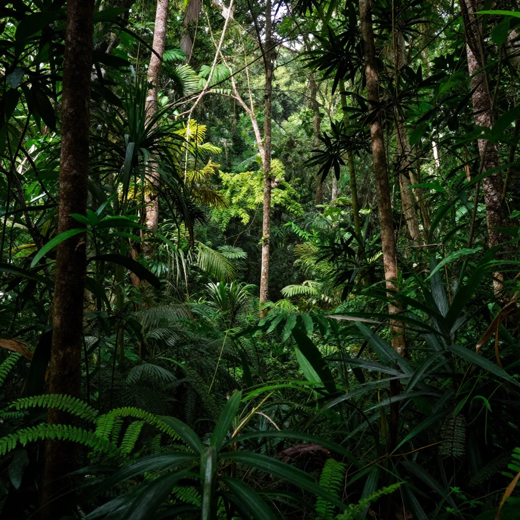A dense, overgrown jungle with sunlight dappling through the...