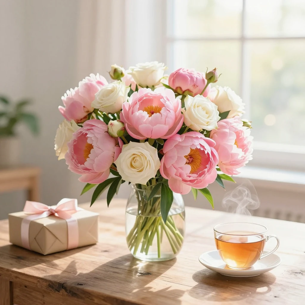 A beautiful bouquet of pink peonies and white roses on a rus...