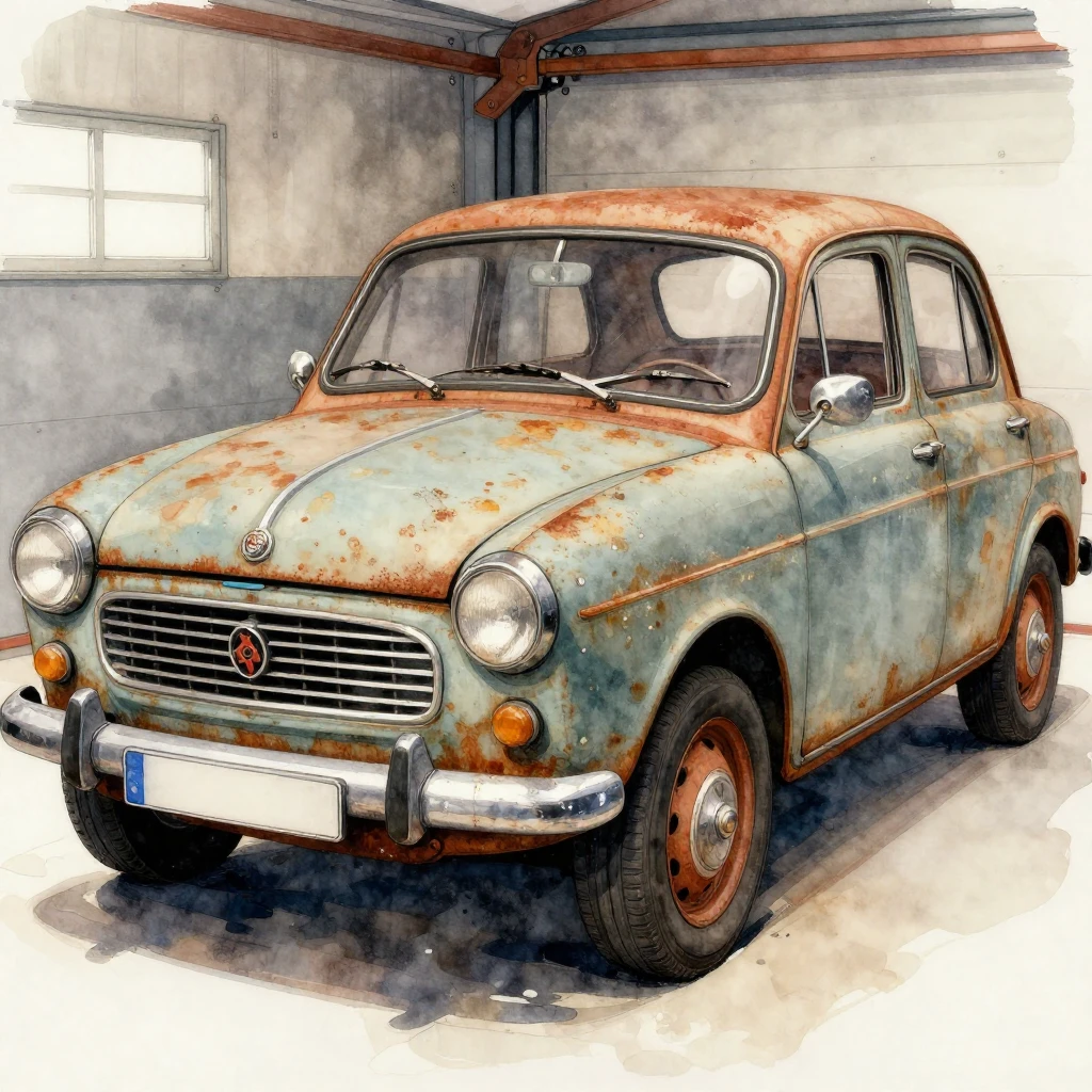 A detailed watercolor illustration focusing on a rusty old R...