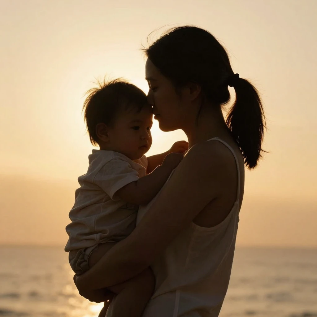 A silhouette of a mother embracing her child, bathed in warm...