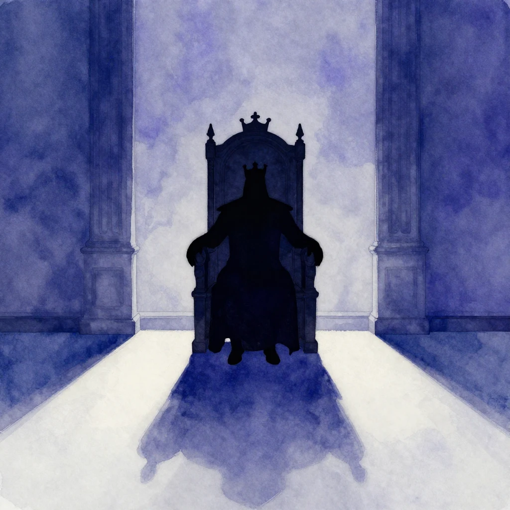 A lone figure, a king in silhouette, sits high on a dark thr...