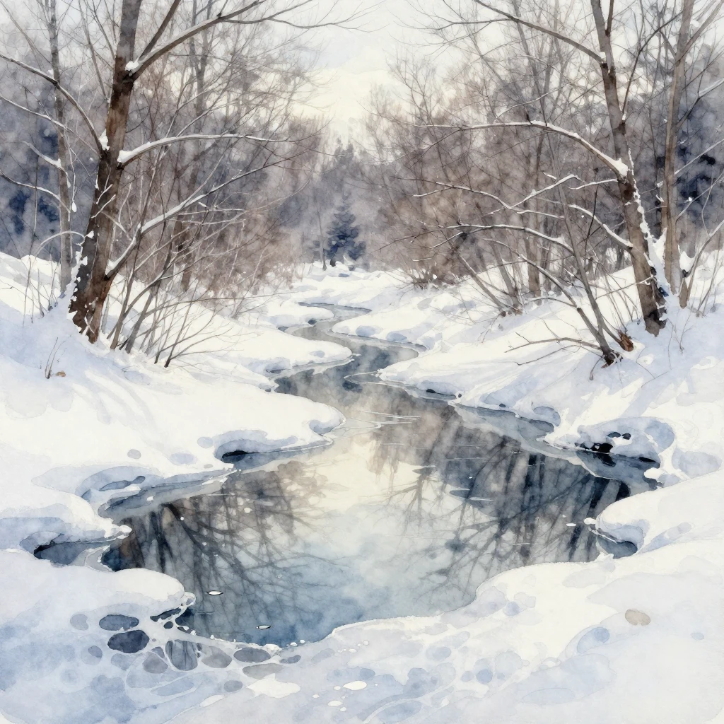 A serene winter landscape where melting snow forms puddles, ...