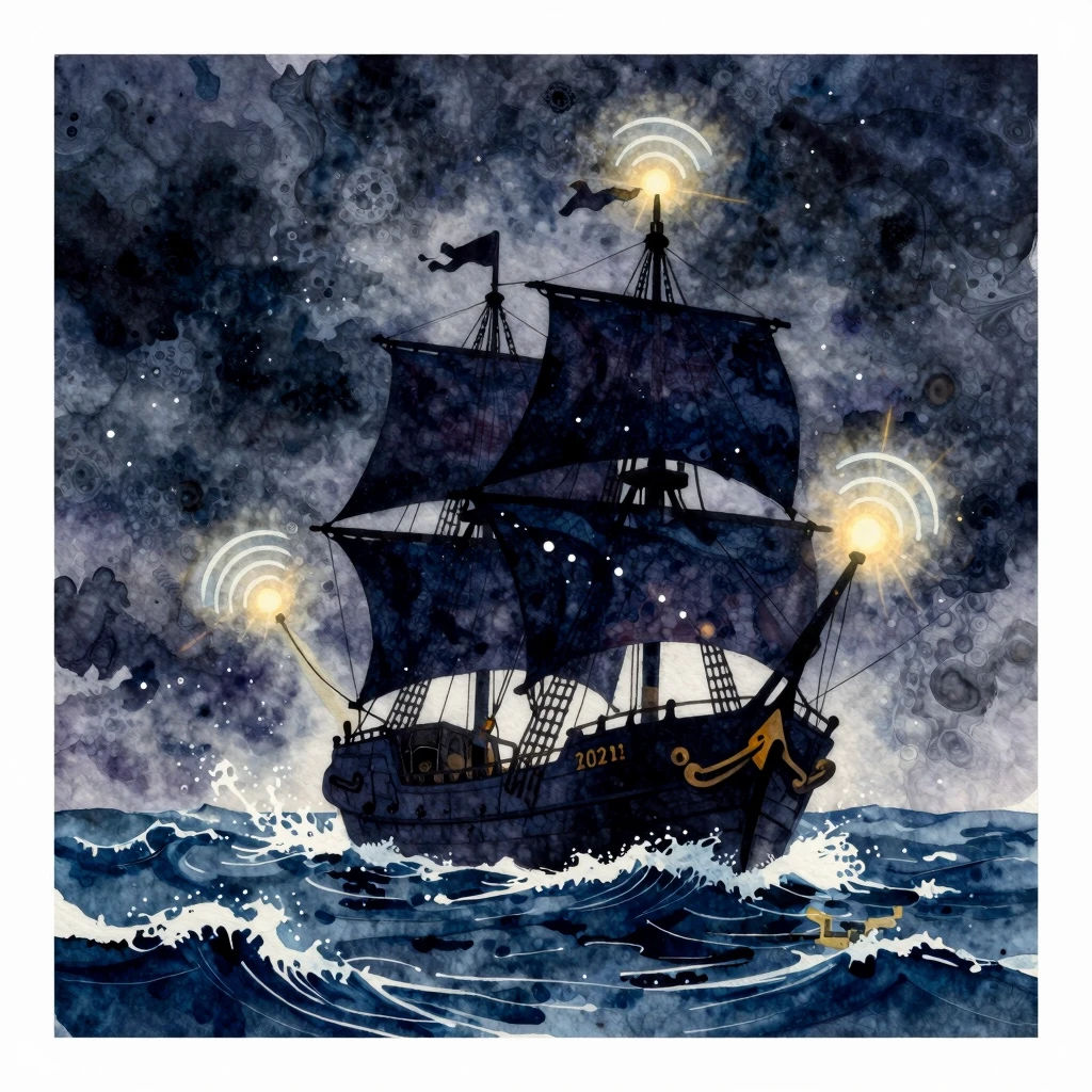 Vibrant watercolor painting of a pirate radio scene. A silho...