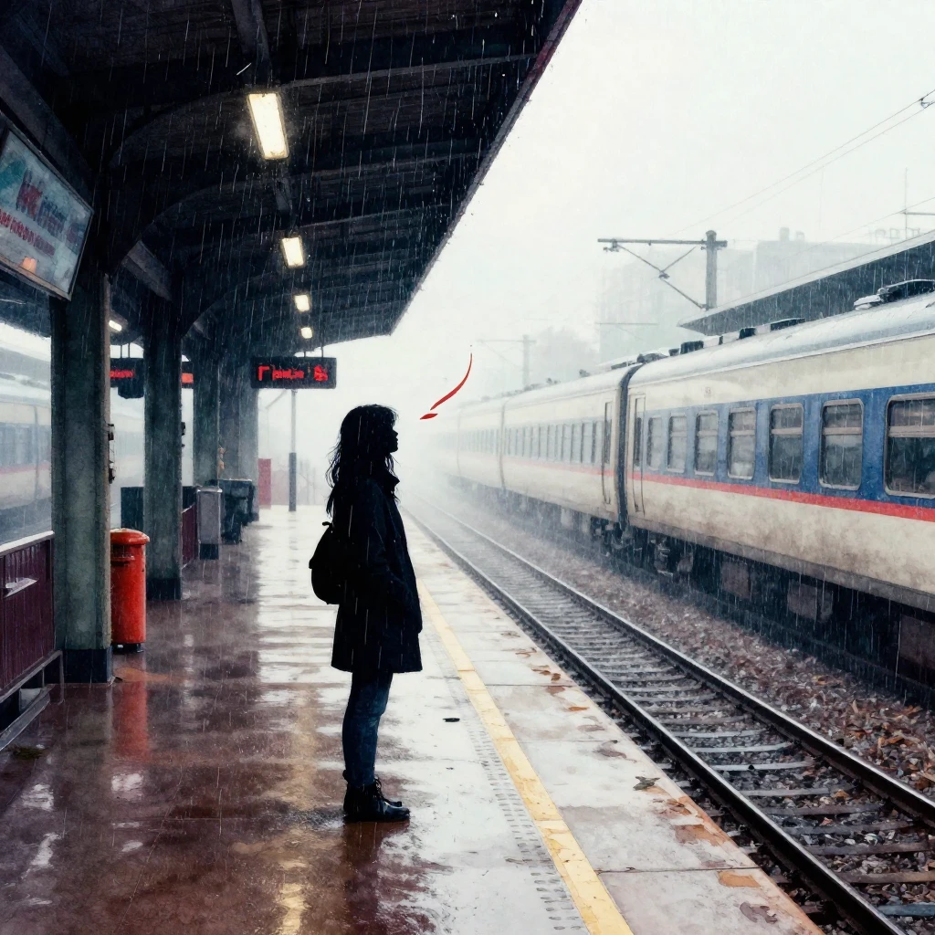 A lone figure's silhouette on a deserted train platform, rai...