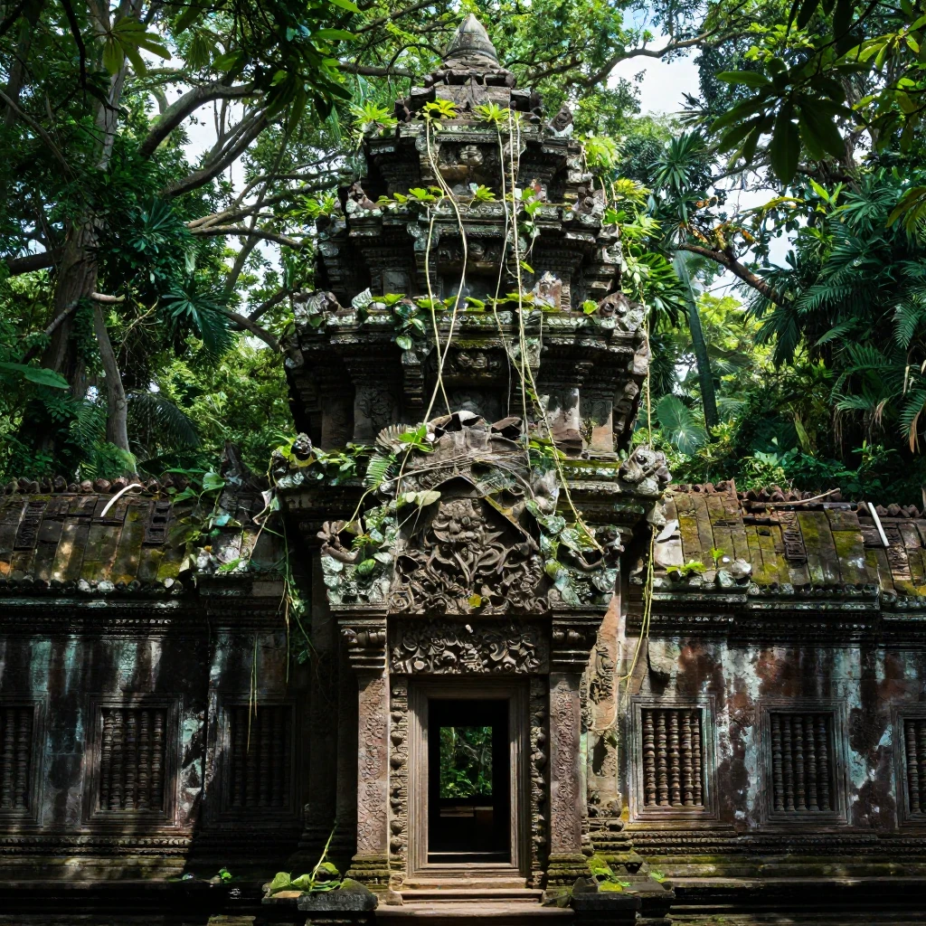 An ancient, crumbling stone temple being slowly enveloped by...