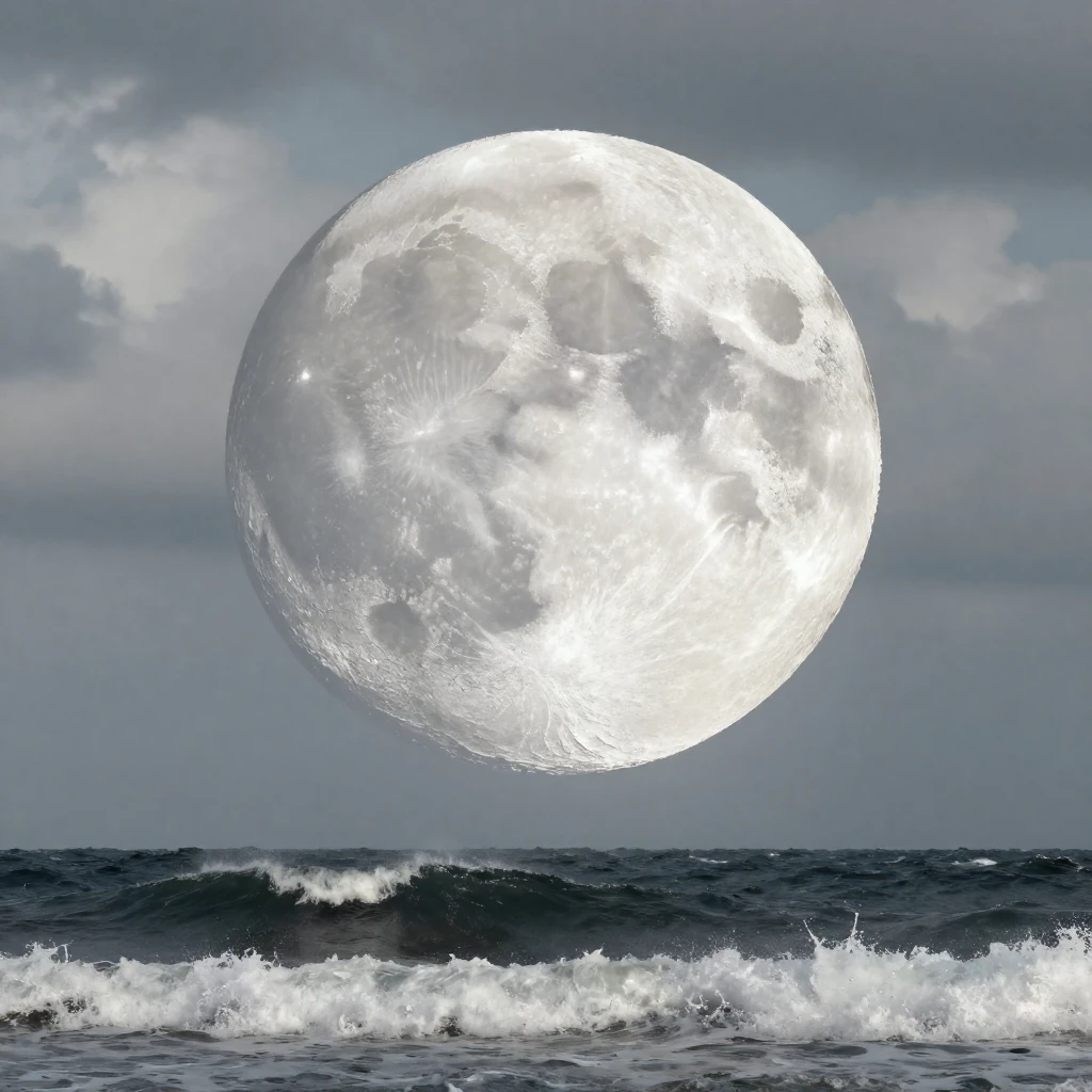 A textured moon with subtle cracks, a stormy sea with crashi...