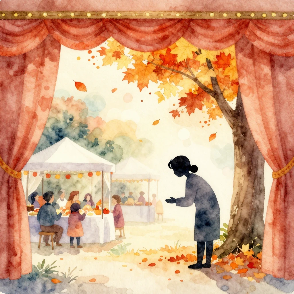 Watercolor illustration of an autumn festival, theater curta...