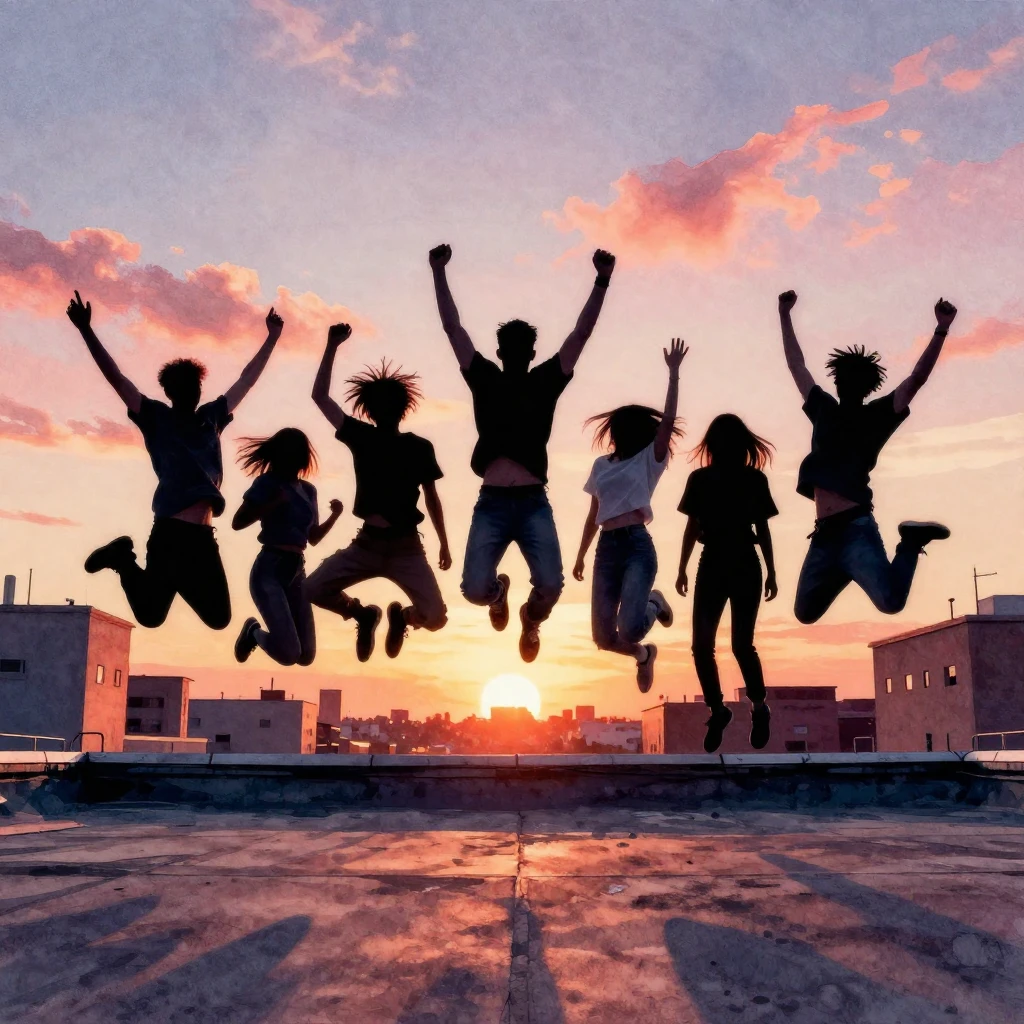 Silhouettes of five teenagers jumping high in the air on an ...