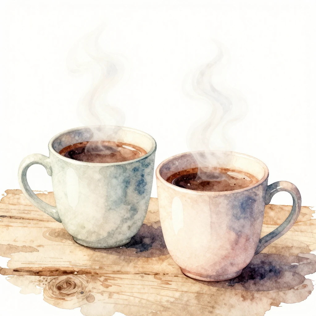 A soft watercolor illustration depicting two steaming mugs o...