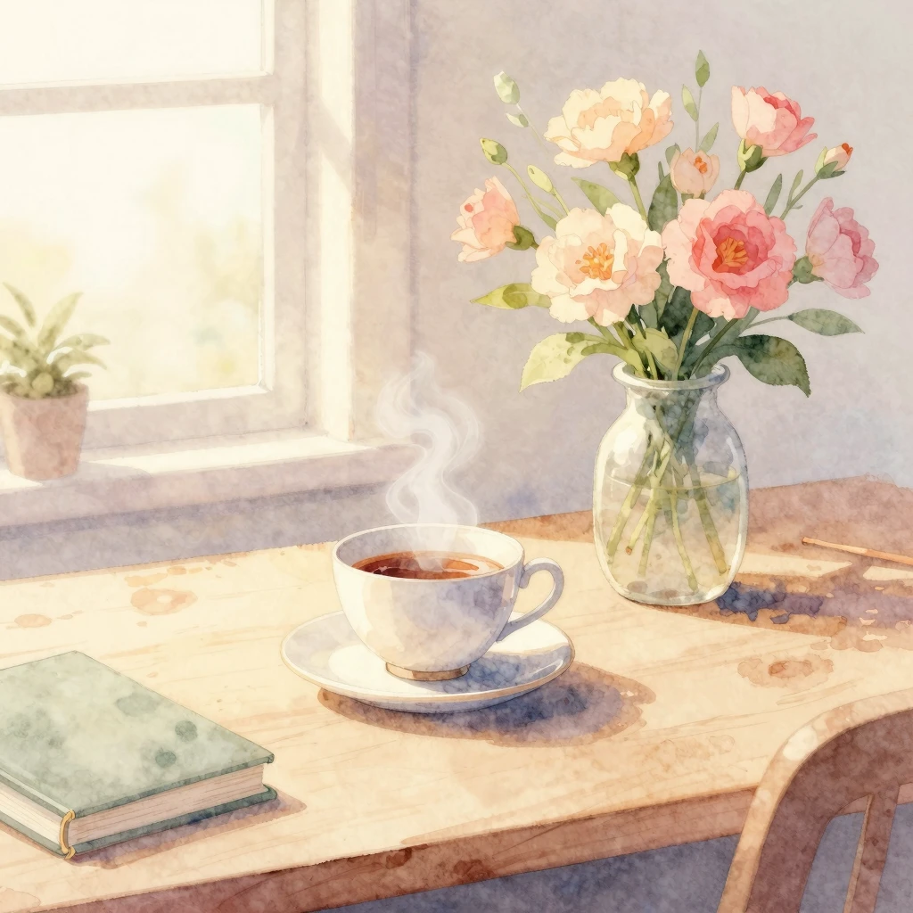 Watercolor illustration of a calm desk with a steaming teacu...
