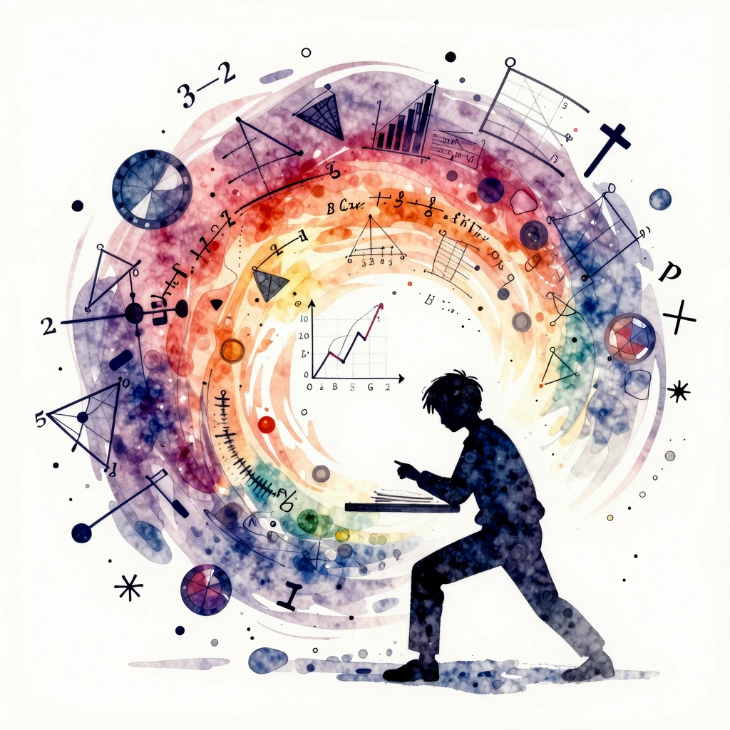 Vibrant watercolor style. A student silhouette in the midst ...