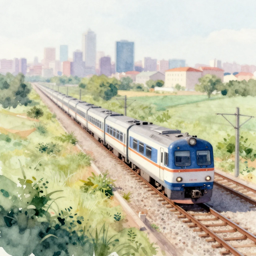 A vibrant watercolor painting showing a train speeding away ...