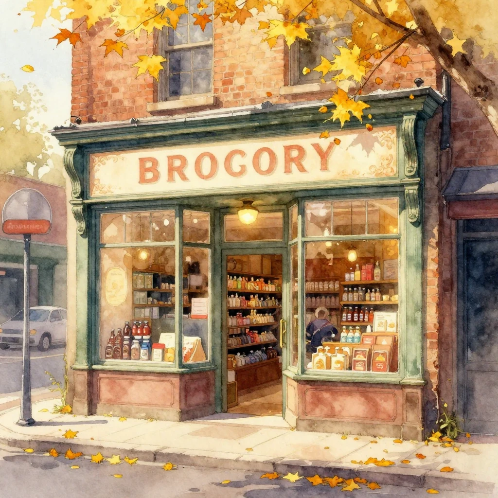 A watercolor painting of a vintage grocery shopfront on a qu...
