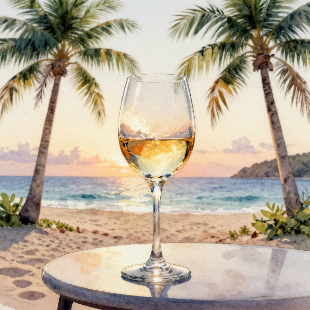 A watercolor painting showing a close-up of a wine glass on ...