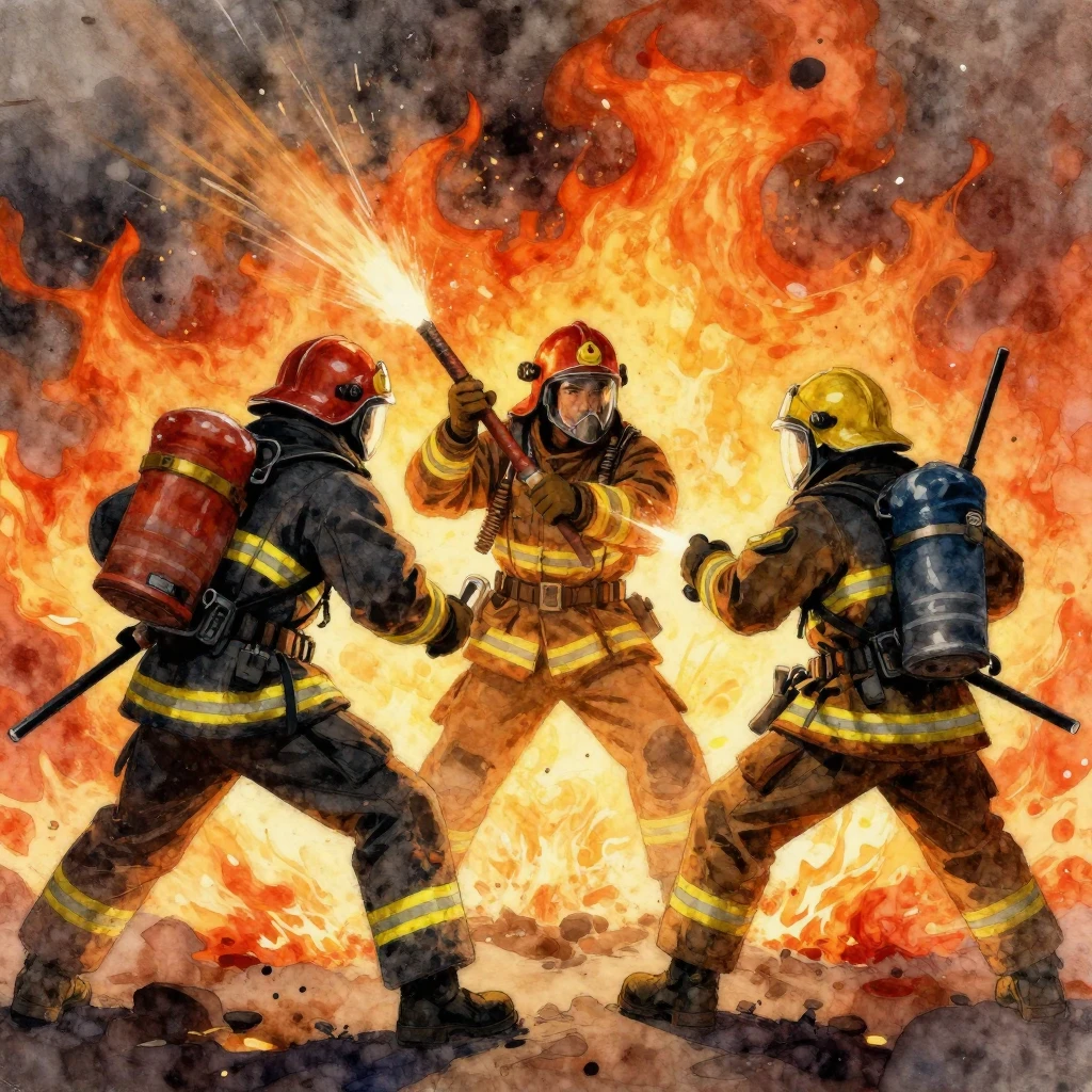 Three epic firefighter heroes, like ancient warriors, battli...