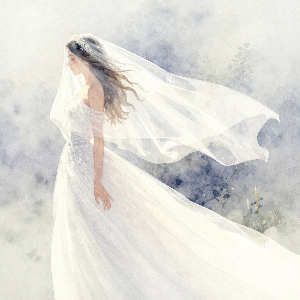 A watercolor painting of a white wedding veil flowing dramat...