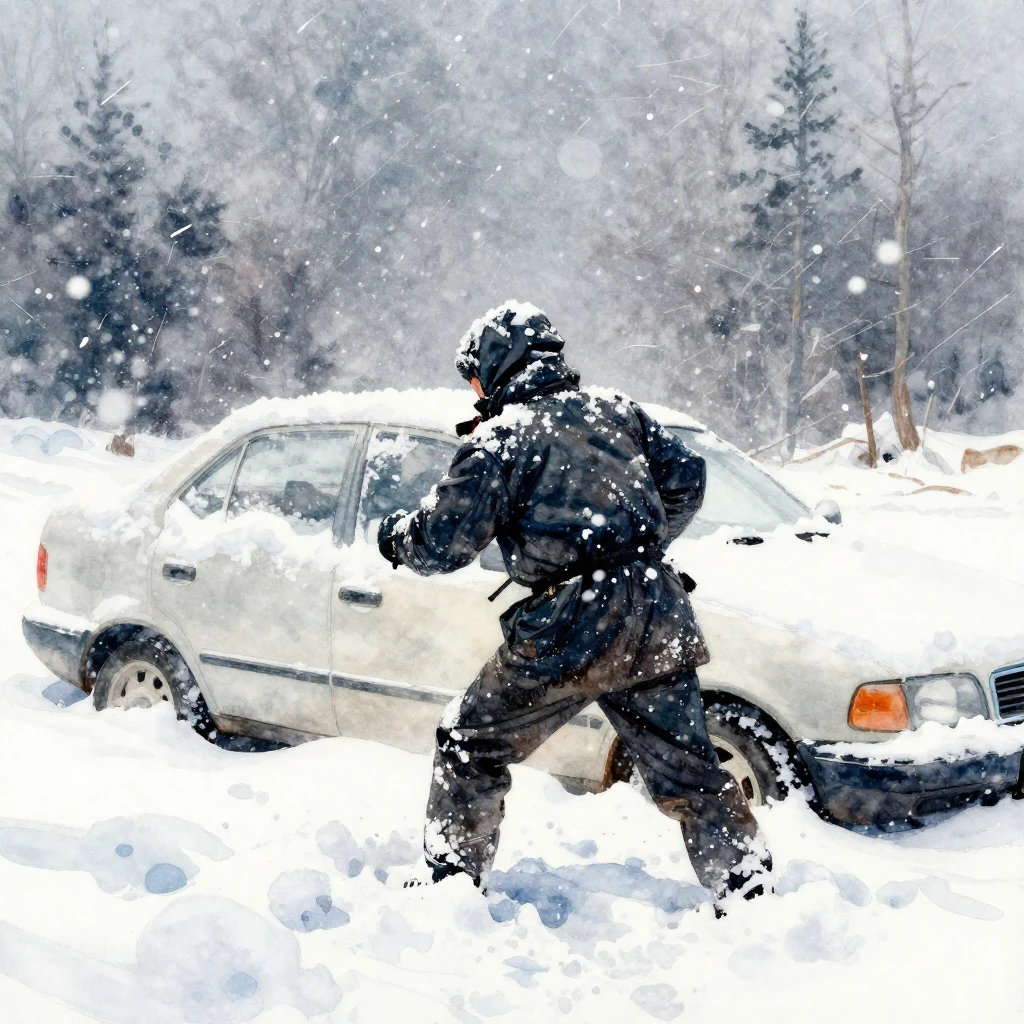 A lone figure battling a fierce blizzard, deep snowdrifts, a...